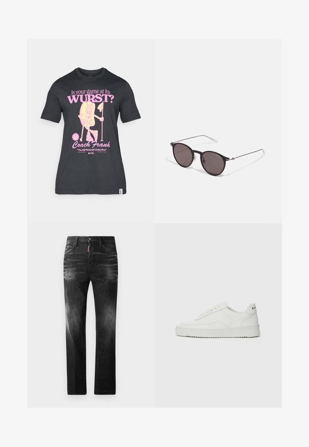T-shirt de algodão preta com um design divertido de um personagem de cachorro-quente em rosa, com texto sobre golfe e o Treinador Frank. Mangas curtas e decote redondo.; Jeans de denim preto com um corte reto. Apresentam áreas desbotadas, ligeira degradação, design clássico de cinco bolsos e um fecho de botão.; Sapatilha de couro branco com acabamento suave, bico redondo, atacadores planos e uma sola texturizada. Apresenta um logotipo discreto no calcanhar.; Óculos de sol redondos pretos com lentes escuras e hastes metálicas finas. Inclui pontas de templo transparentes e detalhes em prata na dobradiça. Design minimalista.
