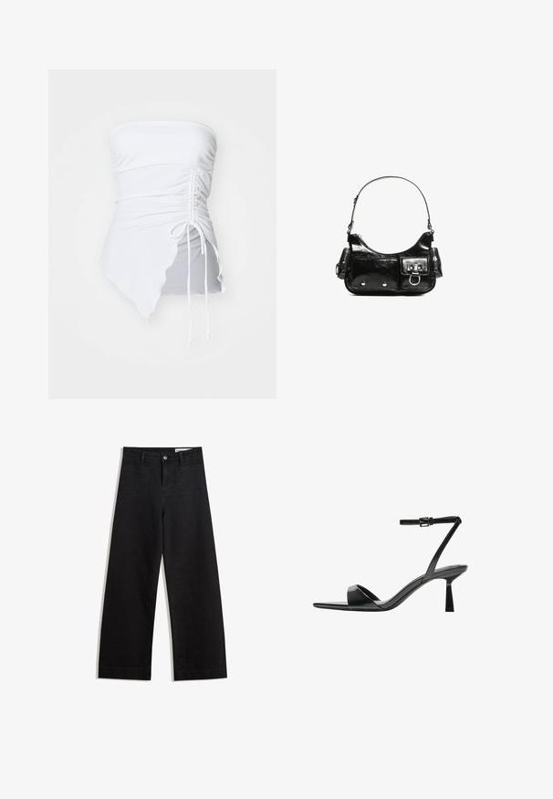 Biały gorsetowy top bez ramiączek z fakturą marszczoną, asymetrycznym dołem i regulowanym sznurkiem po bokach. Gładki, elastyczny materiał.; Czarne dżinsowe spodnie o szerokich nogawkach i wysokim stanie, z przednimi i tylnymi kieszeniami, przeszyciami oraz zapięciem na guziki. Gładka struktura.; Bershka - Sandały na obcasie; Czarna torebka z lakierowanej skóry o zaokrąglonym kształcie, z jednym paskiem na ramię, przednimi kieszeniami i akcentami w kolorze srebrnym.