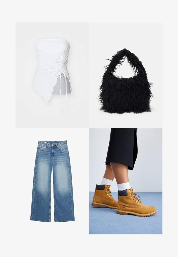 Top bianco senza spalline con texture arricciata, orlo asimmetrico e dettaglio con cordoncino regolabile sul lato. Tessuto liscio ed elasticizzato.; Jeans a gamba larga di colore blu chiaro realizzati in denim. Presentano una vita alta, tasche frontali e borchie decorative lungo le cuciture esterne.; Stivali alla caviglia in suede beige con accenti in pelle marrone, occhielli dorati e suola testurizzata. Calzini bianchi visibili sopra gli stivali.; Even&Odd Shopping bag - black