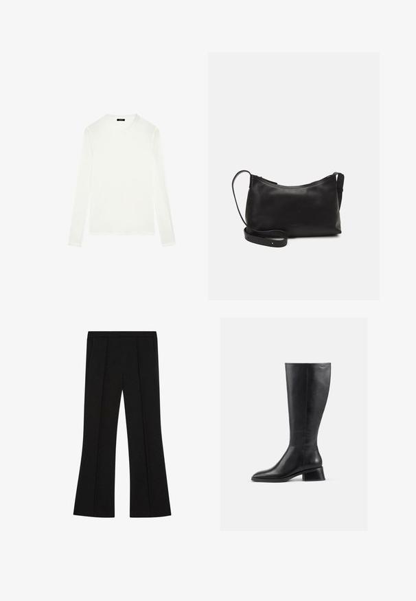 White long-sleeve t-shirt in soft cotton. Features a crew neck, straight hem, and seamless shoulders for a smooth, streamlined look.; Black tailored trousers with a high waist, front pleats, side pockets, and a slight flare at the legs.; Knee-high black leather boot with a rounded toe and low, block heel. Features a smooth texture and minimal stitching detail.; Black leather shoulder bag with a smooth texture, curved shape, adjustable strap, and a zip closure. Minimalist design without embellishments.