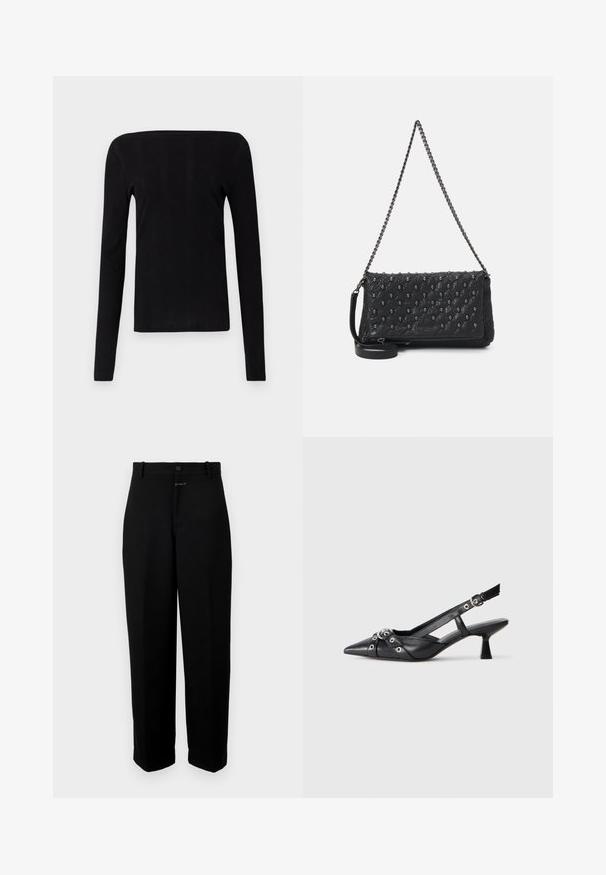 Čierny dlhý rukáv top s rovnou výstrihom a rebrovanou textúrou, s priliehavým strihom a bez viditeľných kovových prvkov či akcentov.; Čierne nohavice vyrobené z hladkej tkaniny, s uzáverom na gombík, pútkami na opasok a striedmym strihom nohavíc.; Čierne kožené slingback topánky s špicatou špičkou, ozdobnými popruhmi s kovovými očkami a nízkym blokovým podpätkom. Textúrovaný povrch.; Čierna prešívaná kožená taška s reťazovým popruhom, zdobená akcentmi lebky a so zipsovým uzatváraním. Textúrovaný povrch s lesklým povrchom.