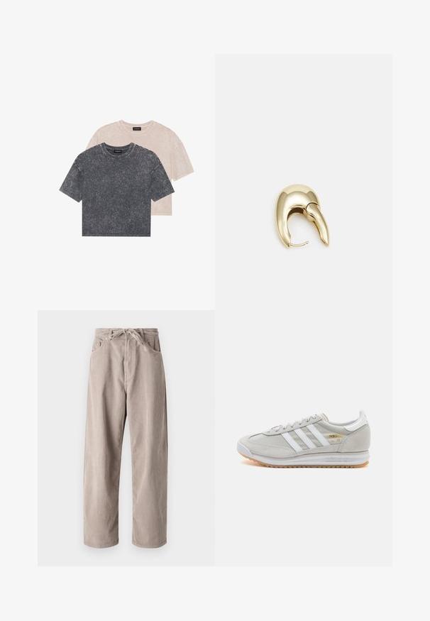 Dvě trička s krátkým rukávem a kulatým výstřihem ve vybledlé černé a světle béžové barvě. Měkká, strukturovaná tkanina s volným střihem a viditelnými švy.; Béžové kordové kalhoty s volným střihem, se šňůrkovým pasem, dvěma předními kapsami a vertikálně proužkovanou texturou.; Světlé šedé tenisky vyrobené z semiše a síťoviny, se třemi bílými pruhy, kulatou špičkou a gumovou podrážkou. Zlatý logo akcent u šněrování.; Náušnice ve zlatém tónu z kovu s elegantním zakřiveným designem. Vyznačují se jedinečným špičatým tvarem, lesklým povrchem a závěsem na kloub.