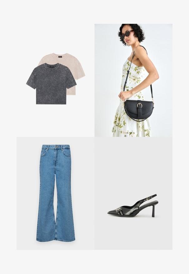 Két rövid ujjú, kerek nyakú póló halvány fekete és világos bézs színben. Puha, texturált anyagból készült, laza szabású, látható varrásokkal.; Világoskék, trapézszárú farmernadrág, magas derékkal, öt zsebbel és egy gombos záródással. Puha tapintású, magasított effektusú anyag.; Fekete lakk bőr, hegyes orrú slingback cipő, boka pántokkal, ezüst csatokkal és hardverelemekkel, valamint karcsú sarkú.; Fekete bőrtáska ívelt formával, levehető pánttal és arany színű fémrészekkel. A táskán egy csattal díszített fedél található.