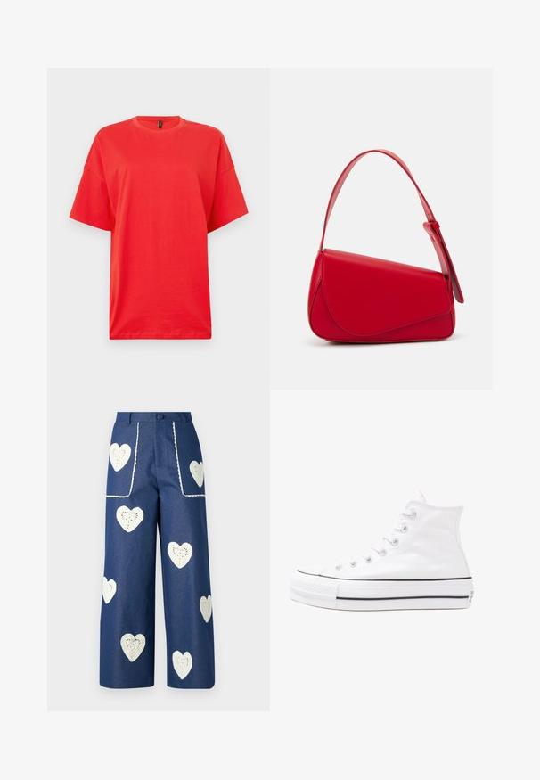 Červené bavlněné tričko s kulatým výstřihem a krátkým rukávem. Design se vyznačuje volným, oversized střihem a hladkým, texturovaným povrchem.; Sister Jane HEART TO HEART - Džíny Straight Fit - blue denim; Bílé vysoké plátěné tenisky s černou gumovou podrážkou, přední gumovou špičkou a šesti očky na tkaničky, se čistým, minimalistickým designem.; Červená kožená kabelka s ostrým, geometrickým designem. Má jeden nastavitelný popruh a klopu s prošívanými detaily.
