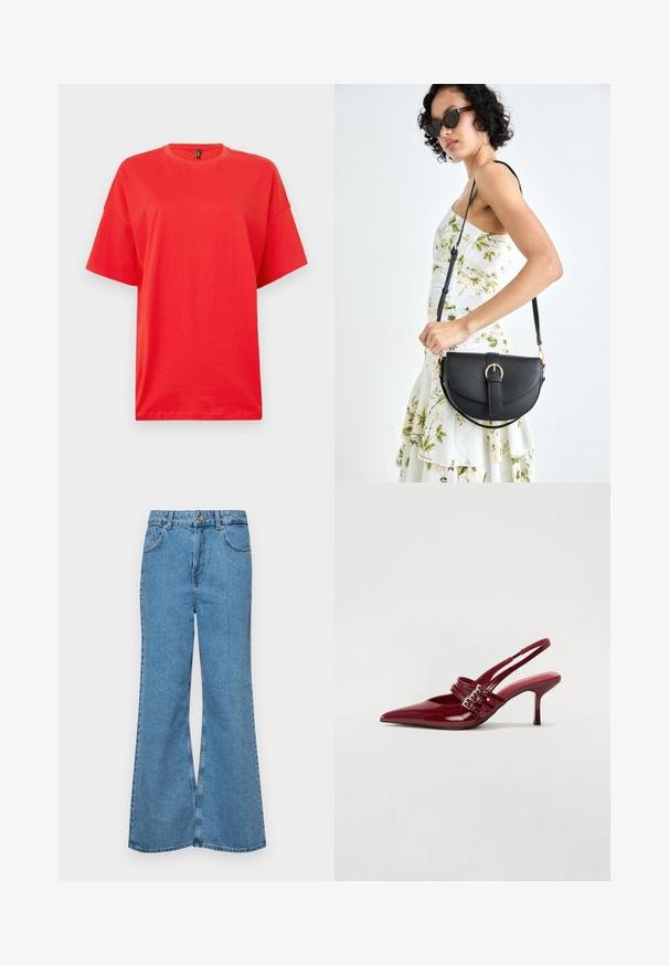 Raudona medvilninė marškinė su apvaliu iškirpimu ir trumpomis rankovėmis. Dizainas turi laisvą, per didelį siluetą ir lygų, tekstūruotą paviršių.; Šviesiai mėlynos flared džinsai, pagaminti iš džinsinio audinio, su aukštu liemeniu, penkiomis kišenėmis ir vienu mygtuko užsegimu. Minkštas paviršius su išblukusiu efektu.; Raudoni blizgūs odiniai bateliai su atviru kulnu, smailiu nosiu, dviem užsegimais ir plonu, vidutinio aukščio stiletto kulnu. Lygus paviršius.; Juodas odinis krepšys su išlenkta forma, nuimamu dirželiu ir auksiniais detalėmis. Krepšys turi kilpą su sagtimi.