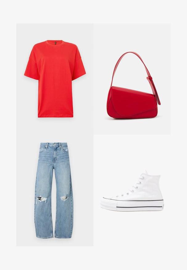 Rotes Baumwoll-T-Shirt mit Rundhals und kurzen Ärmeln. Das Design zeichnet sich durch eine lockere, oversized Passform und eine glatte, strukturierte Oberfläche aus.; Helles, hochtailliertes Jeans aus Denim. Hat weit geschnittene Beine, zwei aufgerissene Kniebereiche und klassischen Fünf-Taschen-Stil.; Weiße hochwertige Leinensneaker mit schwarzer Gummisohle, vorderem Gummizehenschutz und sechs Ösen für Schnürsenkel, die ein sauberes, minimalistisches Design aufweisen.; Rote Lederhandtasche mit einem kantigen, geometrischen Design. Verfügt über einen verstellbaren Schulterriemen und einen Klappenverschluss mit genähten Details.