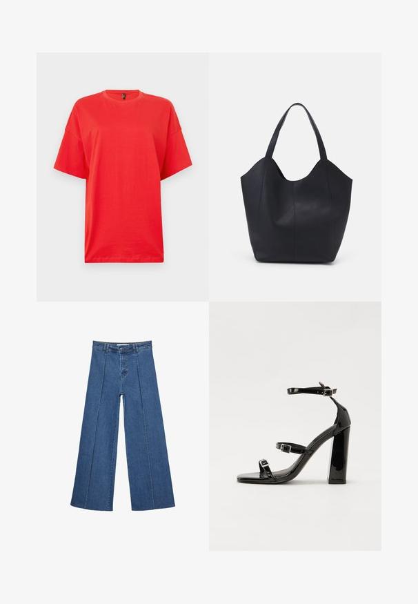 Červené bavlnené tričko s okrúhlym výstrihom a krátkymi rukávmi. Dizajn má voľný, oversized strih a hladký, textúrovaný povrch.; Rovné džínsy s širokými nohavicami v strednom modrom odtieni, so zvýšeným pásom, zapínaním na gombík a kontrastnými vertikálnymi švami pozdĺž prednej strany.; Čierne lakované sandále na podpätku so štvorcovou špičkou, navlečenými remienkami okolo členku a striebornými prackami. Disponujú masívnym blokovým podpätkom pre stabilitu.; Čierna taška s dlhým uchom vyrobená z hladkej kože, s oblým otvoreným vrchom a dvoma ramennými popruhmi, minimalistického dizajnu.