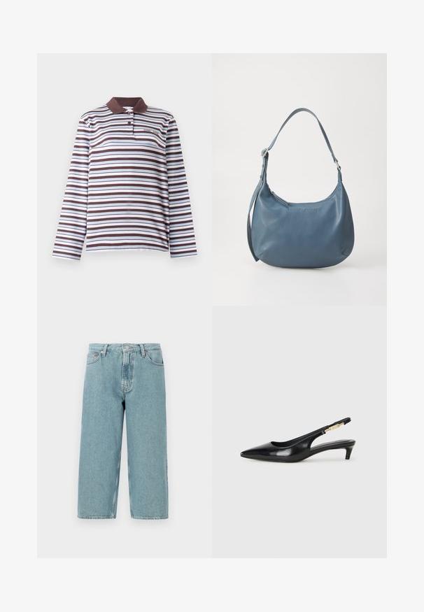 Samsøe Samsøe SADOVER - Camiseta de manga larga - raisin skyway; Pantalones cortos de mezclilla azul claro con cintura alta, corte recto y dobladillo sin acabar. Cuenta con un cierre clásico de botón y cremallera, y cuatro bolsillos.; Tacones negros de piel sintética tipo slingback con punta afilada, que cuentan con un tacón delgado y un detalle en tono dorado en la correa ajustable. Textura suave.; Bolso de piel azul con forma redondeada, correa de hombro única, cierre de cremallera y nombre de la marca en relieve en la parte frontal. Textura suave.