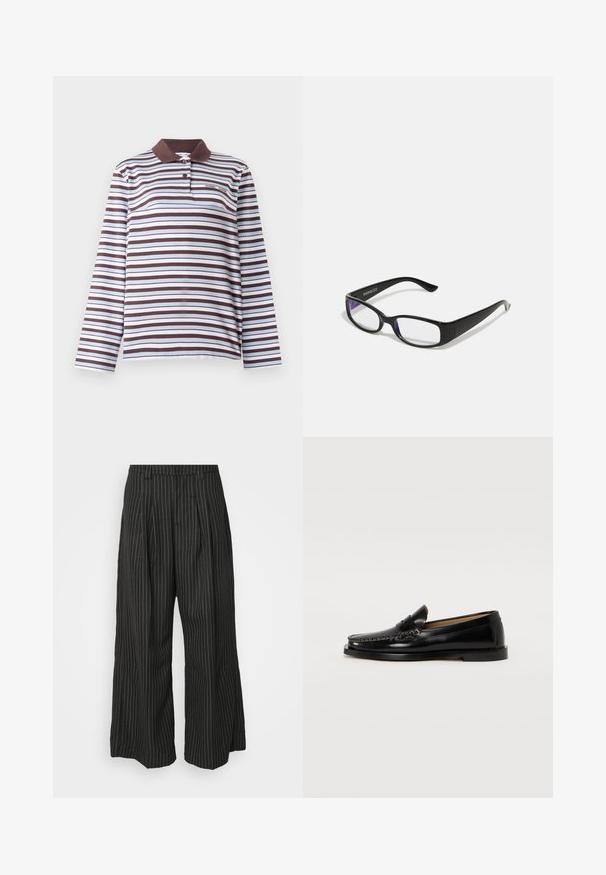 Samsøe Samsøe SADOVER - Top s dlhým rukávom - raisin skyway; Čierne široké nohavice s pásikmi a skladaním, s prispôsobeným strihom a jemnou textúrou. Bez viditeľného hardvéru alebo akcentov.; Čierne kožené poltopánky s okrúhlym prstom, dekoračným šitím a plochou podrážkou. Hladký povrch a minimalistický dizajn.; Čierne obdĺžnikové okuliare s priehľadnými šošovkami. Lesklý povrch, úzke ramená a fialový nádych viditeľný na okrajoch šošoviek.