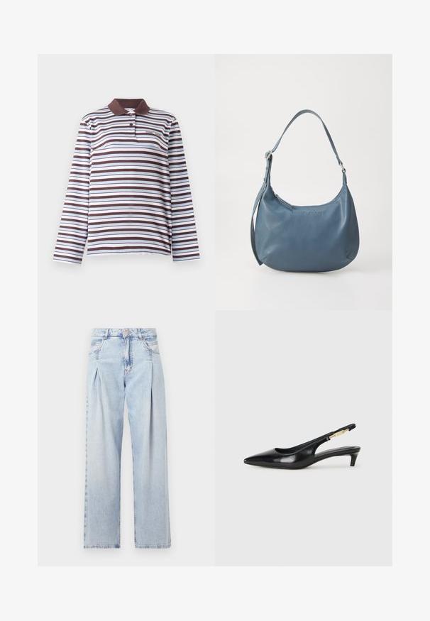 Samsøe Samsøe SADOVER - Langærmet T-shirt - raisin skyway; Lyseblå denim jeans med høj talje, bred benåbning, to sidelommer og plisseret design. Blød tekstur med et falmet finish.; Sorte læder slingback hæle med spids tå, der har en slank hæl og en guldfarvet detalje på den justerbare rem. Glat tekstur.; Blå læderhåndtaske med en rundt form, enkelt skulderstrop, lynlås lukning og præget brandnavn på fronten. Glat tekstur.