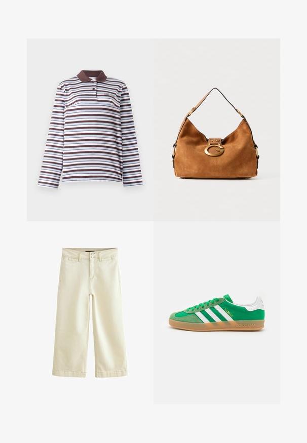 Samsøe Samsøe SADOVER - Ilgarankovis viršutinės dalies drabužis - raisin skyway; Kremo spalvos apkirptos džinsinės kelnės su šiek tiek tekstūruotu paviršiumi. Yra standartinė juosmens juosta su dviem mygtukais ir penkiomis kišenėmis.; Žalios suede sportbačiai su baltais odiniais akcentais, su trimis baltais dryžiais ir guminiu padu. "Gazelle" užrašyta auksine spalva.; Ruda zomšinė rankinė su apvalia forma, auksinės spalvos aksesuarų užsegimas ir kontrastinga juoda apdaila. Yra viena petneša nešimui.