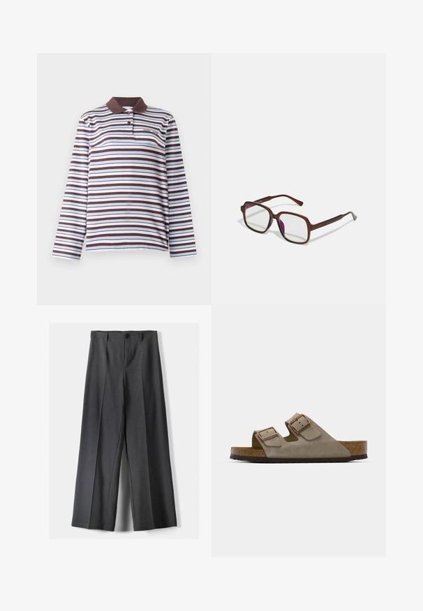 Samsøe Samsøe SADOVER - T-shirt à manches longues - raisin skyway; Pantalon large en tissu gris foncé, avec une fermeture à bouton, des plis avant et des passants de ceinture. Texture lisse avec un design ajusté.; Sandale à glissière en suède de couleur gris clair, dotée de deux boucles réglables, d'une semelle intermédiaire en liège et d'une semelle extérieure en caoutchouc texturé.; Lunettes rectangulaires marron avec des verres transparents et des nuances violacées. Monture en plastique lisse avec des branches droites et des accents subtils.; Bague en pierre précieuse claire avec un anneau continu, dotée de pierres en forme de poire serties dans un métal argenté, mettant en valeur des accents ouverts pour permettre l'exposition à la lumière.