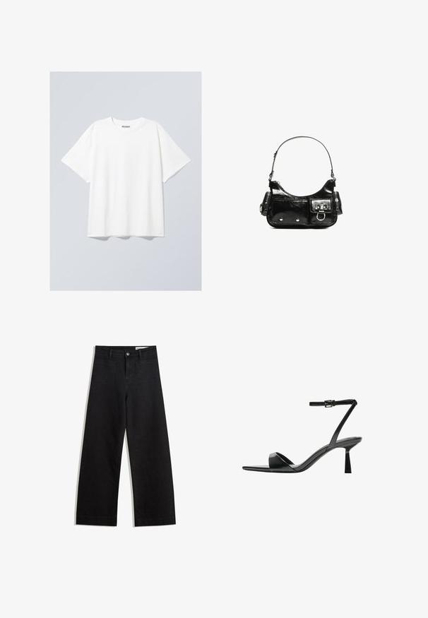 Weißes Baumwoll-T-Shirt mit lockerem Schnitt, kurzen Ärmeln und rundem Halsausschnitt. Verfügt über ein dezentes Markenetikett am Halsausschnitt.; Schwarze weit geschnittene Jeans mit hoher Taille, ausgestattet mit Vorder- und Hintertaschen, gesteppten Nähten und einem Knopfverschluss. Glatte Textur.; Bershka High Heel Sandalette - black; Schwarze Lackleder-Handtasche mit geschwungenem Design, einem Schulterriemen, Vordertaschen und silberfarbenen Hardware-Akzenten.