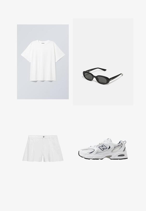 Tricou alb din bumbac, cu o croială lejeră, mâneci scurte și guler rotund. Prezintă un eticheta discretă a brandului la guler.; Pantaloni scurți din bumbac alb cu o croială lejeră, prevăzuți cu buzunare frontale, închidere cu nasture și cusături plate pentru un finisaj uniform.; Shoe sportiv alb cu parte superioară din plasă, accente bleumarin și talpă amortizată. Are logo-ul "N", șireturi și detalii texturate pe lateral.; Ochelari de soare negri, cu lentile ovale, cadru din plastic lucios și brațe subțiri. Prezentă logo-ul Ray-Ban în alb pe lateral.; Inel argintiu cu un design neted, curbat, ce are un accent în formă de stea. Modelul poartă un hanorac verde cu inscripții galbene, cu mâinile aproape de gât.