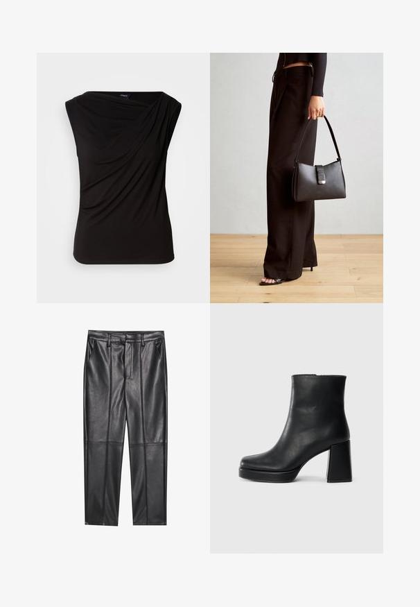 Črn brezrokavnik z drapirano tkanino spredaj, mehko teksturo in sproščenim krojem. Izdelan je iz raztegljivega materiala z gladkim finišem.; Črne usnjene hlače z gladko teksturo, z ravnim krojem, dvema sprednjima žeparjema in vidnimi šivi.; Črne usnjene gležnjarje z blok peto in platformo, prikazane s strani na enobarvni beli podlagi.; Črna torbica z strukturirano obliko, gladko teksturo in kovinskim zaponko. Ujemajo se z širokimi črnimi hlačami in odprtimi sandali na lesenem tleh.