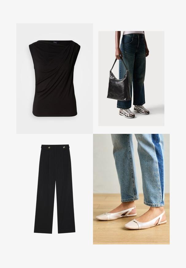 Black sleeveless top featuring draped fabric on the front, soft texture, and a relaxed fit. Made from stretchable material with a smooth finish.; Black wide-leg trousers with high waist, button details on waistband, and front pleats.; Pale pink slingback flats with a pointed toe, made from a smooth leather-like material. Features cut-out details at the sides and a flat heel.; Black leather shoulder bag with a smooth texture and adjustable strap, paired with faded wide-leg jeans and athletic sneakers.