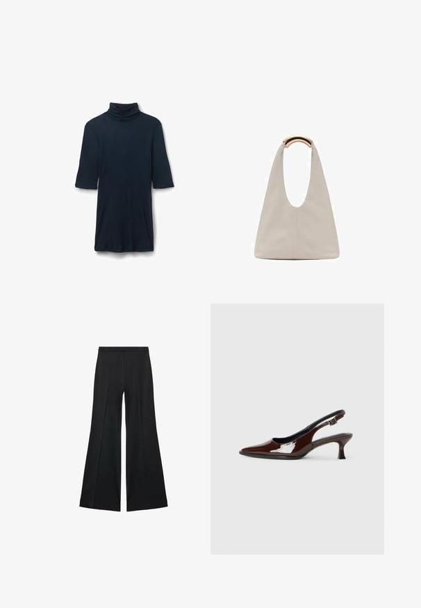 Tmavě modré žebrované šaty s rolákem a krátkým rukávem, které mají přiléhavý střih a jemnou texturu. Nastavitelný límec pro přizpůsobení velikosti.; Černé kalhoty s širokými nohavicemi a hladkou texturou, s předními sklady a přizpůsobeným střihem. Materiál je lehký a splývavý.; Hnědé lakované kožené slingback boty s špičatou špičkou a mírným podpatkem. Disponují přezkou pro bezpečné upevnění. Hladký povrch.; Světlá šedá kožená taška s U-tvarovaným designem a zakřivenou kovovou rukojetí. Hladký povrch s minimálním šitím a bez viditelných vzorů.