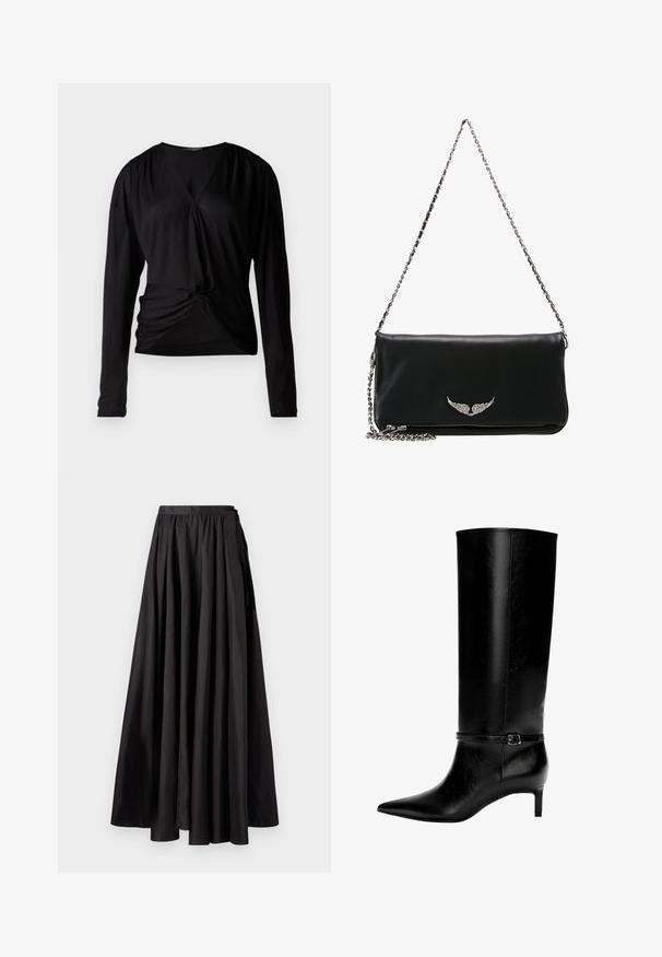 Schwarzes Langarmoberteil mit V-Ausschnitt, gerafften Schultern und einem Knoten-Detail vorne; aus einem glatten, leichten Stoff gefertigt.; Schwarzer Maxikilt aus glattem Stoff, mit gerafftem Bund, voluminöser A-Linie-Silhouette und minimalistisches Design ohne sichtbare Beschläge.; Schwarze Lederstiefel bis zum Knie mit spitzer Zehe und kleinem Absatz. Verfügt über einen schmalen Riemen mit einer metallischen Schnalle am Knöchel. Glatte Textur.; Schwarze Leder-Clutch mit einem silbernen Kettenriemen, vorne mit einem geflügelten Emblem, glatter Oberfläche und Reißverschluss unten.