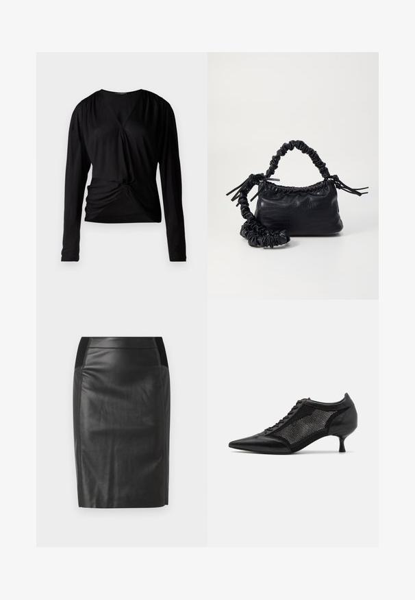 Schwarzes Langarmoberteil mit V-Ausschnitt, gerafften Schultern und einem Knoten-Detail vorne; aus einem glatten, leichten Stoff gefertigt.; Schwarzer Leder-Bleistiftrock mit einer taillierten Passform, glatter Textur und elastischen Taillenbund-Akzenten an beiden Seiten. Flacher Saum am unteren Ende.; Schwarzer spitzer Schuh mit einem Mesh-Panel-Design, ausgestattet mit einem niedrigen Absatz und einer Schnürung vorne. Hergestellt aus einer Kombination von Leder und Mesh-Material.; Schwarze Handtasche aus Kunstleder mit Krokodilstruktur, gerafftem oberen Teil und einem geschoppten Tragegurt. Sie wirkt weich und kompakt im Design.