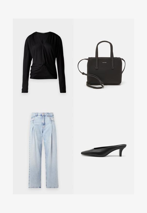 Juodas ilgas rankovės marškinėliai su V formos iškirpte, susiraukšlėtomis pečių dalimis ir priekine mazgo detale; pagaminti iš lygaus, lengvo audinio.; Šviesiai mėlyni džinsai su aukštu liemeniu, plačiomis kojomis, dviem šoninėmis kišenėmis ir raukinių dizainu. Minkšta tekstūra su nudilusia apdaila.; Juodi odiniai mulesai su smailiu priekiniu kraštu ir žemu stiletto kulnu. Lygi tekstūra, minimalistinis dizainas ir atvira nugarėlė patogiam dėvėjimui.; Juoda rankinė su dviem trumpais rankenėlėmis ir nuimamu petį. Lygaus odos tipo medžiaga su užtrauktuku ir logotipo detale.