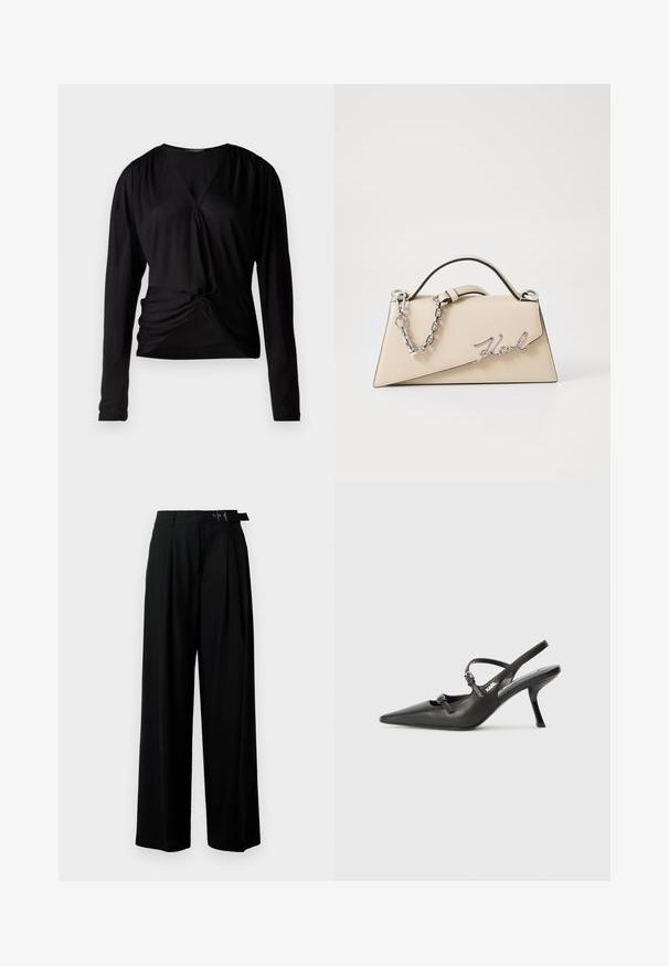 Svart langermet topp med V-hals, samlet skuldre og detalj med frontknute; laget av et glatt og lett stoff.; Svarte vide bukser med høy livlinje, folder foran og belte med spenne. Laget av glatt, lett materiale.; Sorte skinn slingback-hæler med spiss tå, slank hæl og dekorativ spenne detalj på vampsiden. Glatt tekstur og stilrent design.; Beige lærveske med en strukturert, trekantet form, som har et sølvfarget kjedehåndtak og en skrifttype-logo i metall.