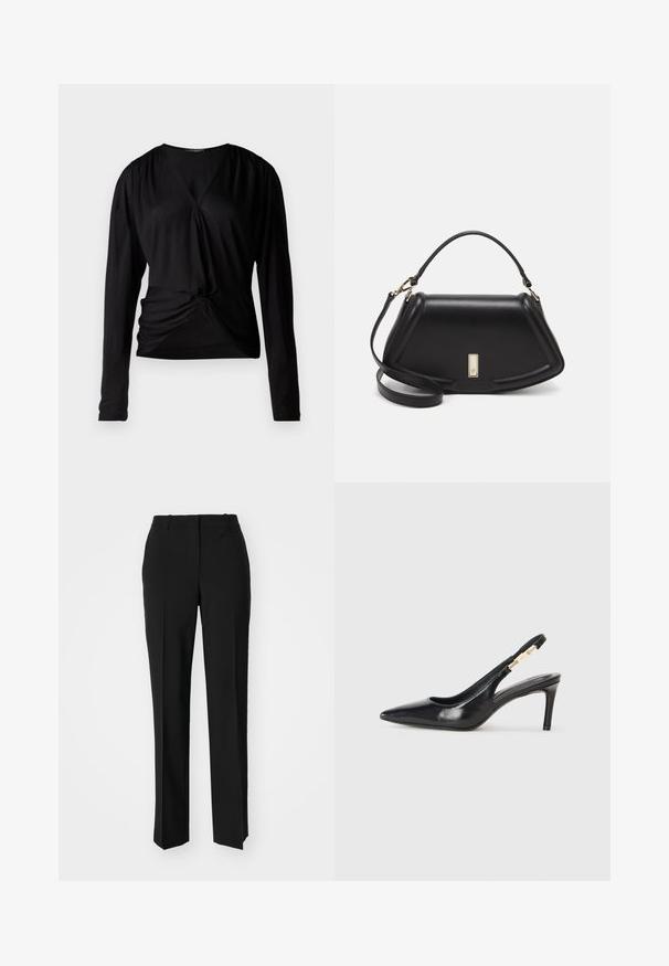 Crna majica dugih rukava s V-izrezom, nabranim ramenima i detaljem čvora sprijeda; izrađena od glatkog, laganog materijala.; Crne krojene hlače ravnog kroja, s glatkom teksturom i oštrim pregibima naprijed. Bez vidljivih metalnih dijelova.; Crna kožna salonka s visokim potpeticama i šiljastim vrhom, glatke teksture, s uskim remenom oko gležnja koji ima zlatne akcentne dijelove.; Crna kožna torba s strukturiranim dizajnom, s krojenim oblikom, gornjom drškom i zlatnim detaljima. Uključena je podesiva ramena traka.