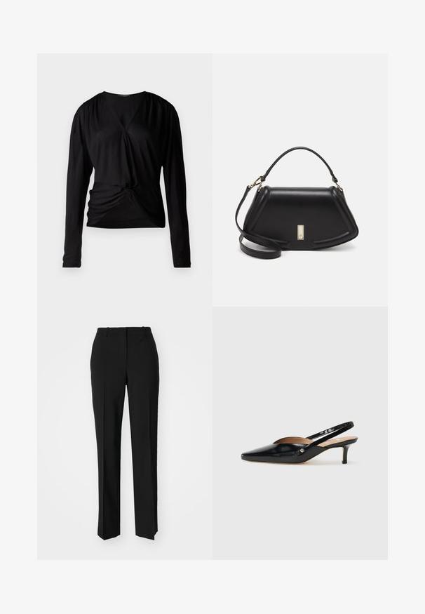 Mustapaita pitkähihaisilla hihoilla, V-pääntiellä, kerätyillä hartioilla ja edessä solmupainatuksella; valmistettu sileästä, kevyestä kankaasta.; Mustat räätälöidyt housut suoraa lahjetta, joissa on sileä pinta ja terävät taitteet edessä. Ei näkyvää metalliosaa.; Musta patenttikiiltoinen slingback-korkokenkä, jossa on teräväkärkinen muoto, pieni korko ja leikkauksella varustettu suunnittelu vampaassa. Kultasävyinen metallivanhus sivulla.; Mustalla nahkalaukulla, jossa on jämäkkä muotoilu, lyhyt malli, yläkahva ja kultaiset yksityiskohdat. Säädettävä olkahihna sisältyy.