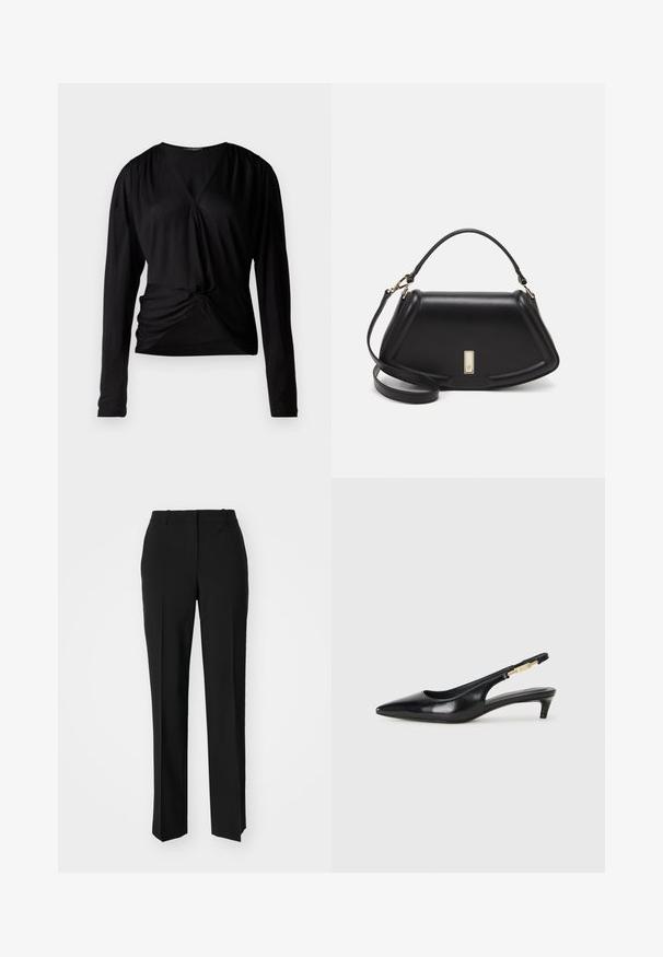 Black long-sleeve top with a V-neck, gathered shoulders, and a front knot detail; made from a smooth, lightweight fabric.; Black tailored trousers with a straight-leg design, featuring a smooth texture and crisp creases along the front. No visible hardware.; Black leather slingback heels with a pointed toe, featuring a slim heel and a gold-tone accent on the adjustable strap. Smooth texture.; Black leather handbag with a structured design, featuring a cropped shape, top handle, and gold hardware accent. Adjustable shoulder strap included.