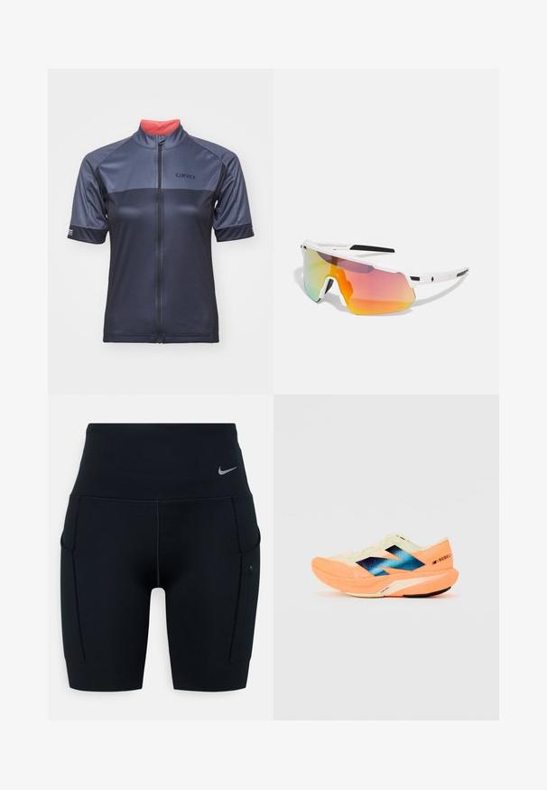 Maillot de cyclisme pour homme en marine foncé, avec des manches courtes, une fermeture éclair frontale intégrale et un col intérieur corail contrastant. Logo de la marque sur la poitrine.; Shorts de sport noirs taille haute en matériau extensible ; dotés de poches latérales et d'un petit logo Nike sur la ceinture.; Chaussure de course avec une tige légère couleur crème, un logo bleu et des accents orange sur la semelle. Texture en maille pour la respirabilité.; Sweet Protection SHINOBI UNISEX - Lunettes de soleil - rig topaz/satin white