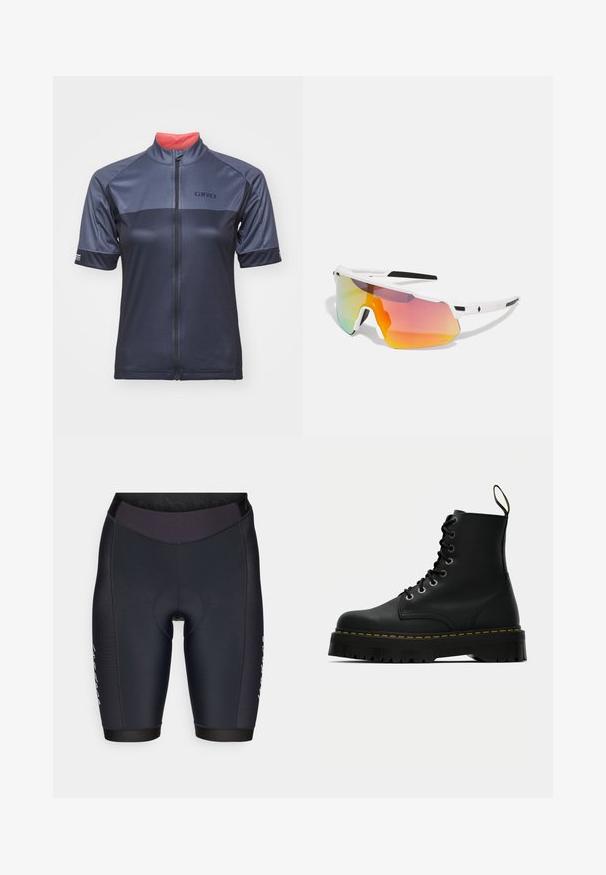 Meeste jalgratturi särgid tumesinises värvitoonis, lühikeste varrukatega, täiesti avatud esi tõmblukuga ja kontrastse koralli värvi sise kraega. Brändi logo rinnal.; Mustad mustad jalgrattashortsid, millel on näiliselt istuv disain, valmistatud siledast elastse kangast, millel on tihe vöökoht ja tugevdustega istme padjad.; Mustad musta nahast sidumisega pahkluusaabastega, millel on jäme tekstuuriga kummitald ja kollane õmblusdetail platvormi ümber.; Sweet Protection SHINOBI UNISEX - Päikeseprillid - rig topaz/satin white