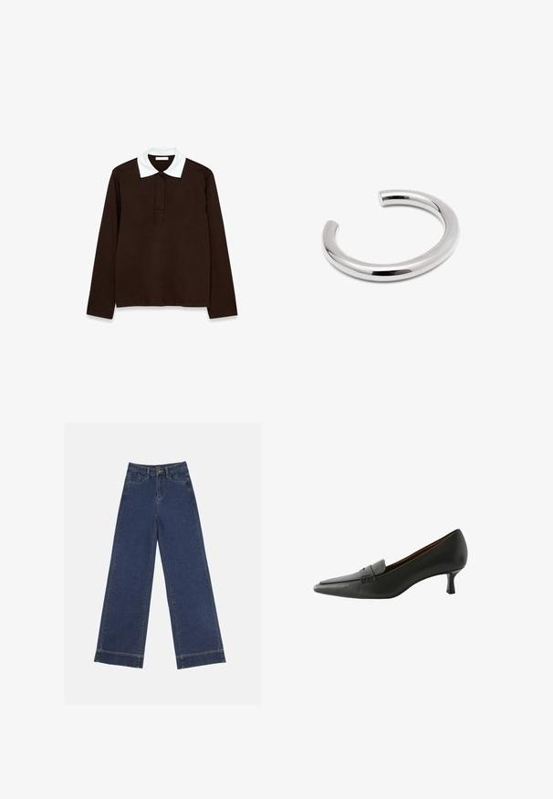 Langsleeve polo shirt in donkerbruin stof met een witte, gestructureerde kraag en een drie-knops stolp. Glad, comfortabel materiaal.; Wide-leg jeans in donkerblauwe denim. Voorzien van vijf zakken, riemlussen en een rauwe zoom onderaan met zichtbare stikseldetails.; Zwarte leren hoge hak schoen met een spitse neus en een decoratieve band. Heeft een lage stiletto hak en een gladde textuur.; Zilveren manchetknoop in een glad, afgerond ontwerp. Beschikt over een naadloze, gepolijste afwerking met een open einde voor eenvoudig dragen.