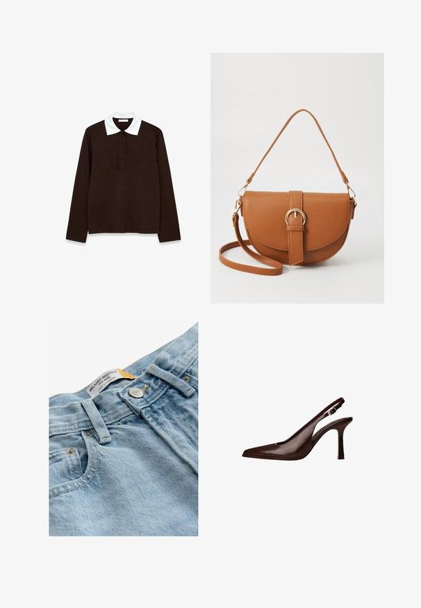 Langsleeve polo shirt in donkerbruin stof met een witte, gestructureerde kraag en een drie-knops stolp. Glad, comfortabel materiaal.; Lichtblauwe denim jeans met een ontspannen bootcut ontwerp, middelhoge taille, metalen knoopsluiting en een etiket met de tekst "RELAXED BOOTCUT."; Bruine lederen slingbackpomp met een spitse neus en een dunne hak. Voorzien van een kleine accentgesp op de band en een glossy afwerking.; Bruine leren schoudertas met een gebogen vorm, gouden hardware en een gespaccent. Bevat een afneembare schouderriem.; Zilveren hoepel oorbellen met een gladde, gepolijste afwerking. Eén oorbel is een volledige hoepel, terwijl de andere gedeeltelijk open is, wat een minimalistisch ontwerp laat zien.