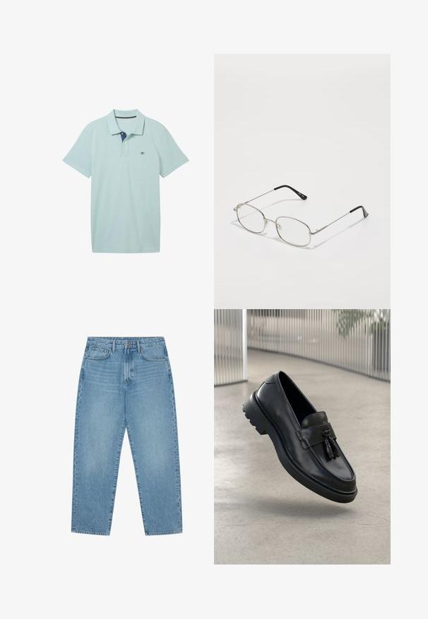 TOM TAILOR BASIC WITH CONTRAST - Piké - dusty mint blue melange; Ljusblåa jeans i denim med rak modell, fem fickor och lätt urblekt textur. Har knapp- och blixtlåsstängning.; Svarta loafers i läder med slät yta, dekorativ tofs, tjock sula i gummi och sydda detaljer. Lätt och elegant design.; Metallglasögon med oval ram, silverfästen och klara linser. Smala, raka skalmar med svarta ändar, minimalistisk design.