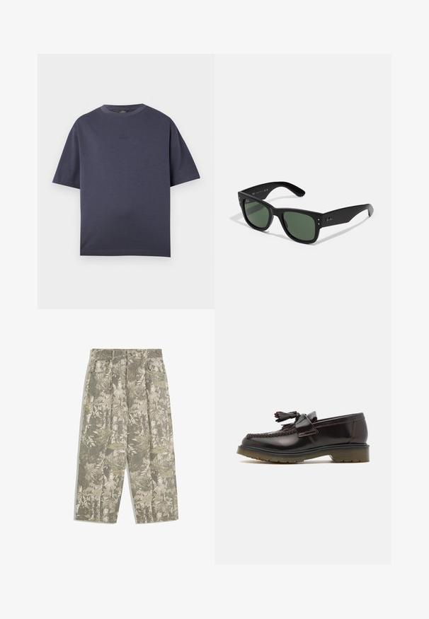 Navy blue short-sleeve T-shirt made of soft cotton blend. Round neckline, relaxed fit, featuring a subtle embossed logo on the chest.; Cargo pants with wide legs in green and beige camouflage leaf and bark pattern, featuring front pockets and belt loops.; Brown leather loafers with a woven design, tassel detail, and a flat rubber sole. Features a smooth finish and contrasting stitching.; Black rectangular sunglasses with green lenses, matte finish, subtle hardware accents, and embossed logo on the temple.