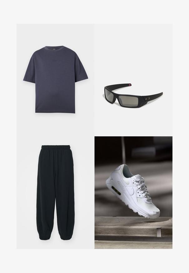 Camisa de manga curta azul marinho feita de uma mistura de algodão suave. Decote redondo, corte relaxado, com um logotipo em relevo discreto no peito.; Calças de fato de treino pretas, com cintura elástica e um corte solto, com punhos nas pernas, textura suave e sem padrões visíveis ou detalhes de metal.; Sapatilha Nike Air Max 90 branca com parte superior em malha e couro, caixa de dedos perfurada e uma unidade de ar visível no calcanhar.; Óculos de sol pretos com acabamento mate, lentes retangulares, leve curvatura nas hastes, detalhe sutil do logo e lentes de cor fumada.