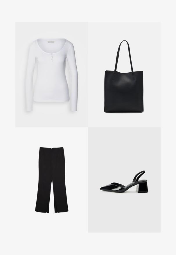 Weißes langärmliges Oberteil mit rundem Ausschnitt, gerippter Textur und drei silbernen Knopfakzenten an der Vorderseite.; Schwarze Hose mit geradem Schnitt, ausgestattet mit Fronttaschen und Seitenschlitzen am Saum. Hergestellt aus weichem, glattem Stoff. Geeignet für verschiedene Anlässe.; Schwarze Lackleder-Slingback-High Heels mit spitzem Schuh und einem geometrischen Blockabsatz. Verfügt über ein schlankes, minimalistisches Design und eine glatte Textur.; Schwarze Laptoptasche aus Leder mit glatter Textur, rechteckiger Form und zwei langen Griffen. Keine sichtbaren Beschläge oder Verzierungen.