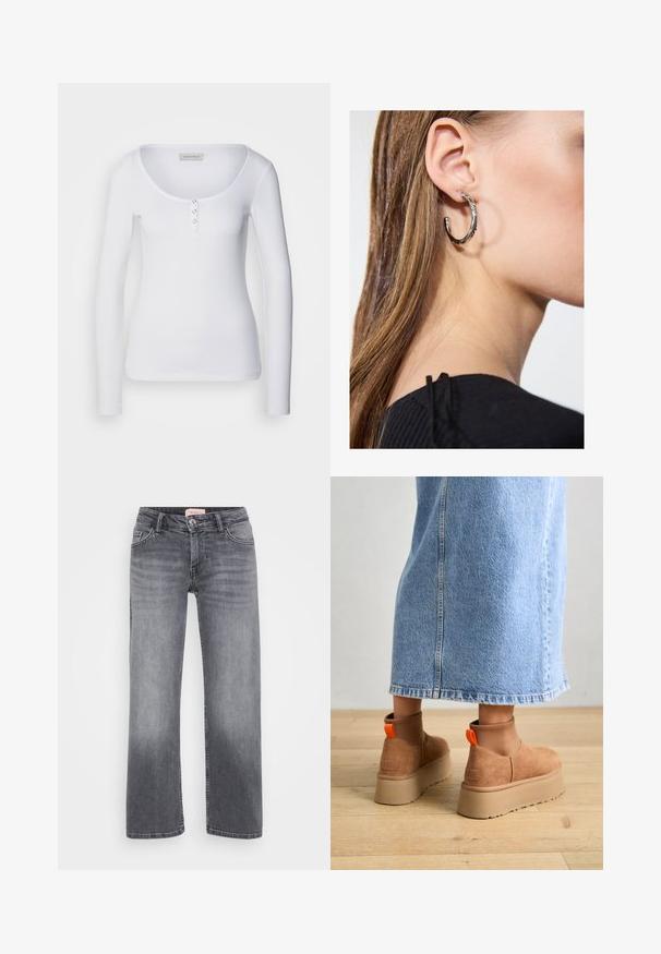 Balta ilgas rankovės palaidinė su apvaliu iškirpimu, raukšlėta tekstūra ir trimis sidabro spalvos mygtukais prie priekio.; Pilki džinsai su tiesiais džinsinių kojų dizainu, penkių kišenių stiliumi, subtiliu išblukimu ir sagčių uždarymu ties juosmeniu.; Rudos zomšiniai platforminiai batai su elastingomis šoniniais panirais ir oranžinėmis kilpomis, derinami su kelio ilgio šviesių džinsų sijonu ant medinių grindų.; Sidabrinė lankinė auskarai su poliruotu paviršiumi, turintys mažus auksinius akcentus ir apvalią formą, dėvimi ant ausies kaušelio.