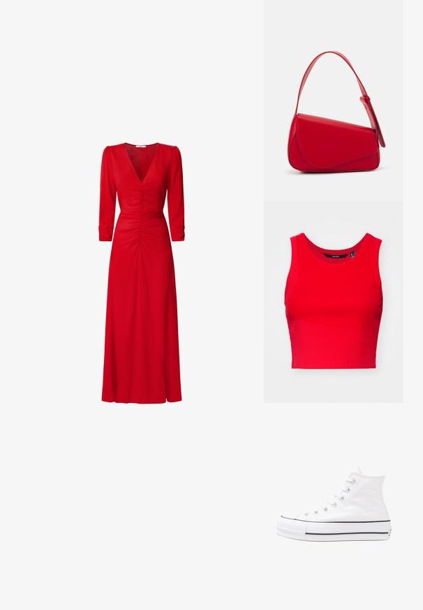 Punane lühike särk ribitud kangast, ümarate kaeluste ja laiade õlavarrepaeltega, millel on sile tekstuur.; Punane kleit V-kaelusega, kolmeveerandvarrukatega ja kokku tõmmatud detailidega vöökoha ja selja juures. Kangas näib olevat sile ja kerge.; Valge kõrgem kangast tenniseking, millel on must kummist tald, ees kummist varvasetugi ja kuus aukku paelte jaoks, pakkudes puhta ja minimalistliku disaini.; Punane nahast käekott, millel on nurkadega geomeetriline disain. Omab ühte reguleeritavat rihma ja klappidega sulgemist, millel on õmblustega kaunistused.