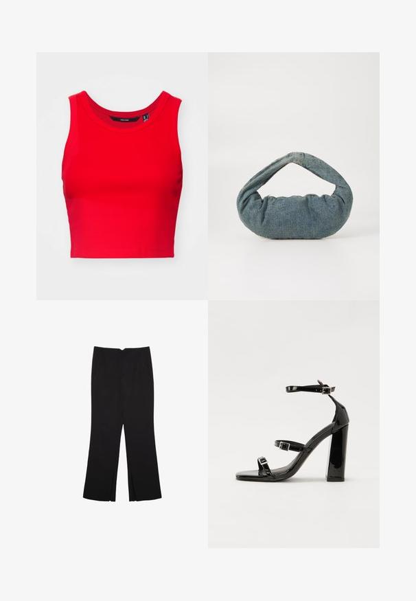 Crvena kratka majica bez rukava od rebrastog materijala, s okruglim izrezom i širokim naramenicama, s glatkom teksturom.; Crne hlače ravnog kroja, s prednjim džepovima i bočnim prorezima na rubu. Izrađene od mekog i glatkog materijala. Pogodne za razne prigode.; Crne lakirane sandale na pete sa kvadratnim nosom, trakama oko gležnja i srebrnim kopčama. Imaju čvrst blok petu za stabilnost.; Plava traper torba s podstavljenim, zaobljenim oblikom i zakrivljenom ručkom. Tekstura je meka, s vidljivim šavovima i glatkom završnom obradom.