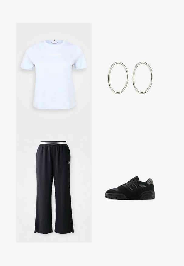 Ljusblå bomulls t-shirt med kort ärm och rund halsringning. Har en vit logotyp tryckt på framsidan, mjuk textur och klassisk passform.; Svarta träningsbyxor med vid bendesign, elastisk midja med svart och vit rand, samt sidoflikar vid fållen.; Svart låg sko med texturerad sula, snörningsdesign, mockadetaljer och mönstrade accenter på häl och sidologotyp.; Silver hoops med en slät, polerad yta. Rund form, lättviktig design, med en säker låsmekanism.
