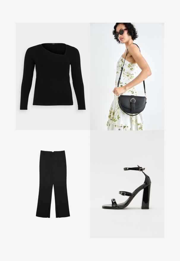 Črna dolga majica s dolgimi rokavi, izdelana iz rebrastega materiala z asimetričnim izrezom in oprijetim krojem. Gladka tekstura z ozko silhueto.; Črne hlače ravnega kroja z naglavnimi žepi in stranskimi razporki na robu. Narejene iz mehke, gladke tkanine. Primerne za različne priložnosti.; Črne lakirane sandale s peto, kvadratnim prstom, trakovi okrog gležnja in srebrnimi zaponkami. Opremljene so s stabilno Debelo peto.; Črna usnjena torbica s ukrivljeno obliko, z odstranljivo naramnico in zlatimi dodatki. Torbica ima pokrov s podrobnostmi v obliki zaponke.