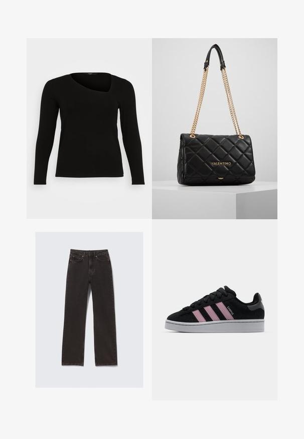 Top negru cu maneci lungi, realizat din material ribbat, cu decolteu asimetric și design ajustat. Textură netedă, cu o siluetă subțire.; Jeans negri din denim cu croială dreaptă, dotate cu buzunare frontale, bucle pentru curea și detalii discrete de cusătură. Confecționate din material din bumbac rezistent.; Sneaker din suede negru cu design cu trei dungi roz, talpă din cauciuc gri și limbă texturată. Prezintă branding pe lateral și pe toc.; Geantă din piele matlasată neagră, cu curea din lanț aurit și detaliu cu logo. Formă rectangulară, textură netedă, având închidere prin clapetă.