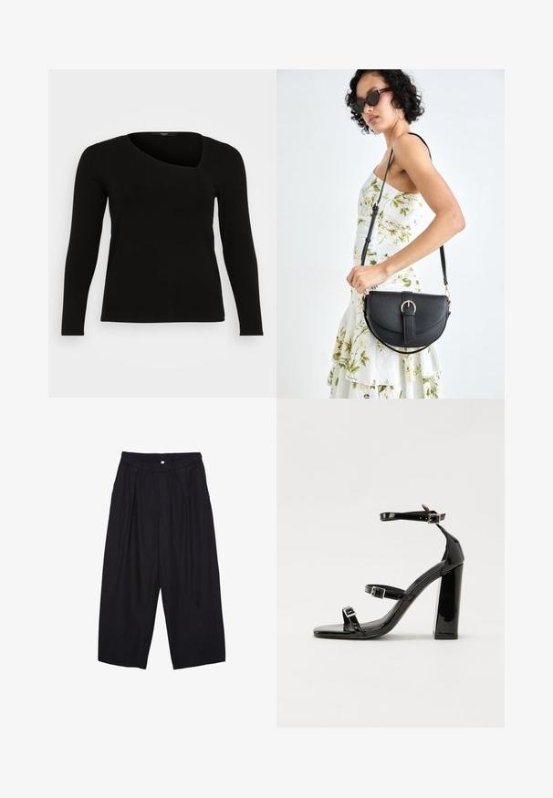 Crna majica dugih rukava od rebrastog materijala s asimetričnim izrezom i prilagođenim krojem. Glatka tekstura s uskim siluetom.; Crne poliester hlače culotte s elastičnim pojasom, dva prednja nabora i širokim krojem. Nema vidljivih uzoraka ili metalnih detalja.; Crne lakirane sandale na pete sa kvadratnim nosom, trakama oko gležnja i srebrnim kopčama. Imaju čvrst blok petu za stabilnost.; Crna kožna torba s lukovitim oblikom, odvojivim remenom i zlatnim detaljima. Torba ima preklop s kopčom.