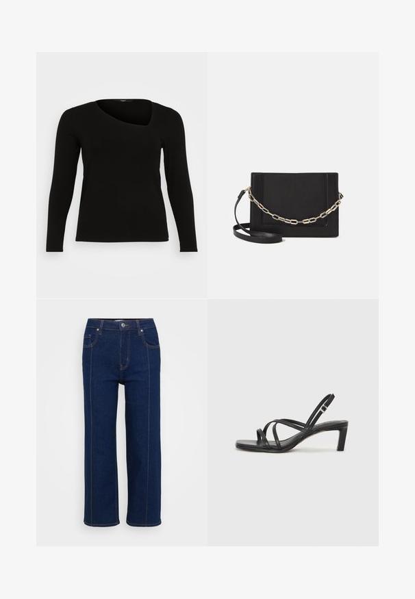 Top negru cu maneci lungi, realizat din material ribbat, cu decolteu asimetric și design ajustat. Textură netedă, cu o siluetă subțire.; Blugi drept de culoare albastru închis, cu închidere prin buton, buzunare frontale și dorsale, și cusături portocalii vizibile pe margini.; Sandal cu barete negre, cu vârf pătrat și toc mic de bloc. Prezintă mai multe barete subțiri și o bareta ajustabilă la gleznă. Fabricat din piele netedă.; Geantă de umăr din piele neagră, cu o textură netedă, formă rectangulară și un detaliu din lanț metalic în față. Include curea reglabilă.