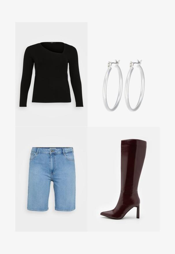 Black long-sleeve top made of ribbed material with an asymmetrical neckline and fitted design. Smooth texture with a slim silhouette.; Light blue denim shorts with a classic cut, featuring a front button closure, belt loops, and two side pockets. Smooth texture and straight hem.; Even&Odd Boots - dark red; Silver hoop earrings with a smooth, polished finish. Round shape and secure click-top closure. Lightweight design suitable for everyday wear.
