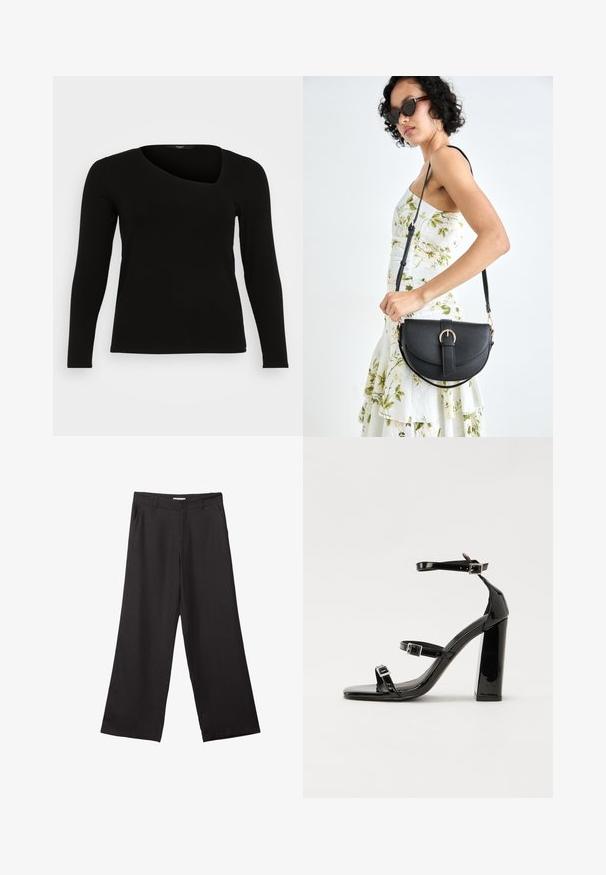 Čierny dlhý rukáv top vyrobený z rebrového materiálu s asymetrickým výstrihom a priliehavým strihom. Hladká textúra s úzkou siluetou.; Čierne široké nohavice vyrobené z hladkej tkaniny, so zipsom vpredu a dvoma bočnými vreckami, s prispôsobeným strihom a minimalistickým dizajnom.; Čierne lakované sandále na podpätku so štvorcovou špičkou, navlečenými remienkami okolo členku a striebornými prackami. Disponujú masívnym blokovým podpätkom pre stabilitu.; Čierna kožená kabelka s zaobleným tvarom, odnímateľným popruhom a zlatými doplnkami. Kabelka má klopu s detailom s prackou.