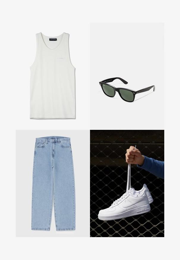White cotton tank top with a rounded neckline and narrow shoulder straps. Features subtle embroidered logo in light blue on the chest.; Light blue denim jeans with straight leg design, featuring a mid-rise waist, five pockets, and a button and zipper closure.; White leather sneakers with perforations, round toe, flat sole, and thick laces, featuring a visible swoosh logo and "AIR" on the heel.; Black plastic sunglasses with green lenses, square frames, silver accent on the brow, and textured temple arms. Stated brand on inner arm.