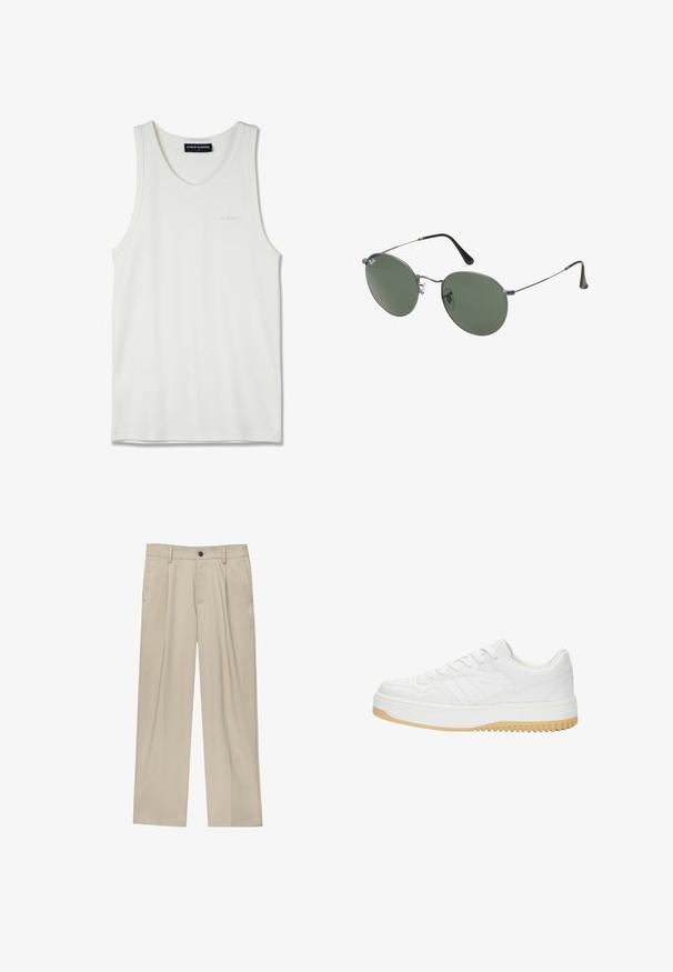 Biely bavlnený tielko s okrúhlym výstrihom a úzkymi ramienkami. Obsahuje jemne vyšívané logo v svetlomodrej farbe na hrudi.; Béžové nohavice s rovný strihom, s jedným čiernym gombíkom, pútkami na opasok a bočnými vreckami. Hladká textúra látky a minimálny dizajn.; Biele kožené tenisky s textúrovaným povrchom, s gumovou podrážkou, šnurovacími detailami a subtilnými pruhmi na stranách.; Sunglass s metalovým rámom s oválnymi zelenými šošovkami. Tenký strieborný kovový rám a čierne štuple za uši. Minimalistický dizajn, bez viditeľných log.