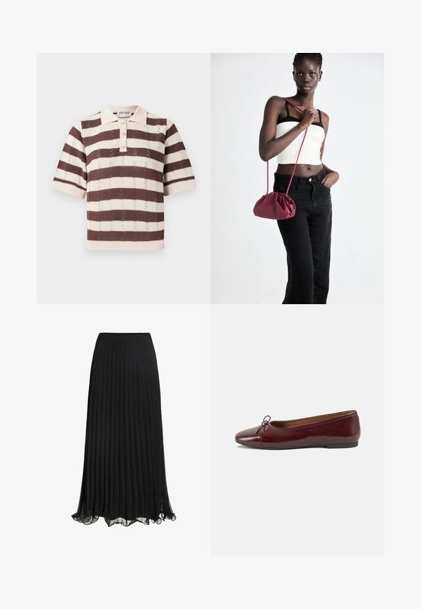 Harmaa ja ruskea raidallinen polo-paita lyhyillä hihoilla, jossa on kolmen napin kaulus ja teksturoitu neulekuvio.; Musta pliseerattu maksihame, joka on valmistettu kevyestä kankaasta ja siinä on virtaava muotoilu. Hameessa on röyhelöhelma ja joustava vyötärö, joka takaa mukavuuden.; Burgundin värinen lakattu nahkainen ballerinatossu pyöreällä varvaskärjellä, pienen nauhan yksityiskohdalla edessä ja matalalla mustalla kumipohjalla. Sujuva pinta.; Burgundi pehmeast kangast käekott, millel on kortsuline disain ja pikk rihm, kantud üle rinna. Modell kannab valget lühikest toppi ja musti teksaseid.