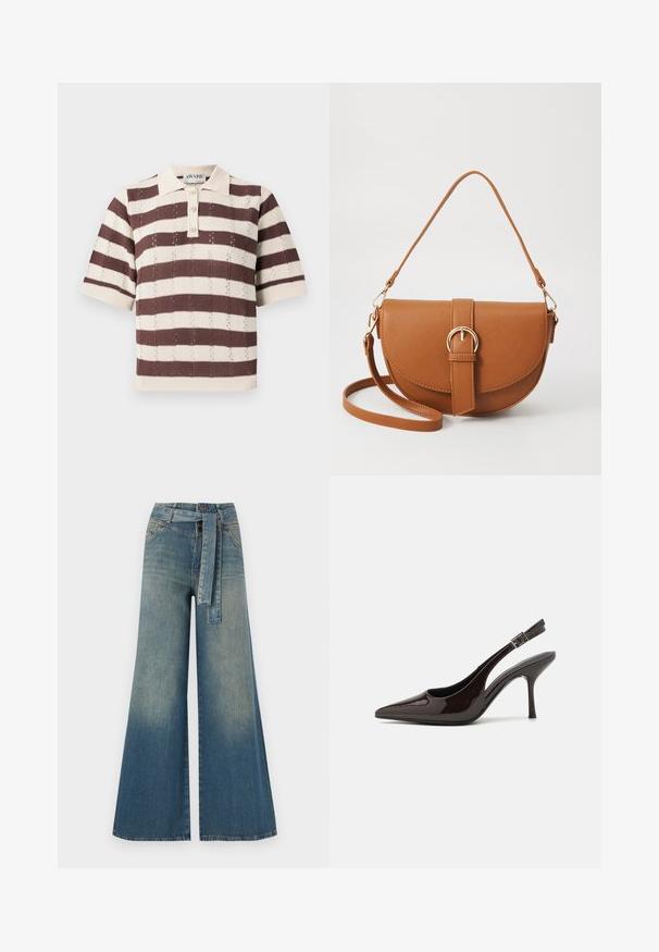 Beige und braun gestreiftes Poloshirt mit kurzen Ärmeln, ausgestattet mit einem dreiknöpfigen Verschluss und strukturiertem Strickdesign.; Weit geschnittene Denim-Hosen mit einem Farbverlauf von hellblau zu dunkelblau, hoher Taille, Gürtelschlaufen und einem passenden Stoffgürtel. Strukturierte Denim-Oberfläche.; Slingback-Pumps aus glänzendem dunklen braunen Lackleder, mit spitzer Zehenpartie, offenen Seiten und verstellbarem Knöchelriemen.; Braune Leder-Crossbody-Tasche mit geschwungener Form, goldfarbenen Beschlägen und einer Schnallenakzentuierung. Verfügt über einen abnehmbaren Schultergurt.